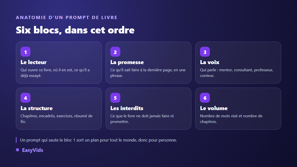 Les six blocs d'un prompt pour écrire un livre : lecteur, promesse, voix, structure, interdits, volume