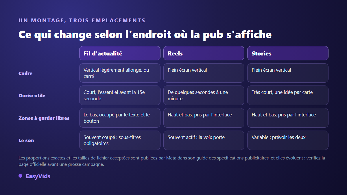 Comparaison des emplacements publicitaires Facebook : fil d'actualité, Reels et stories, avec le cadre, la durée utile et les zones d'interface