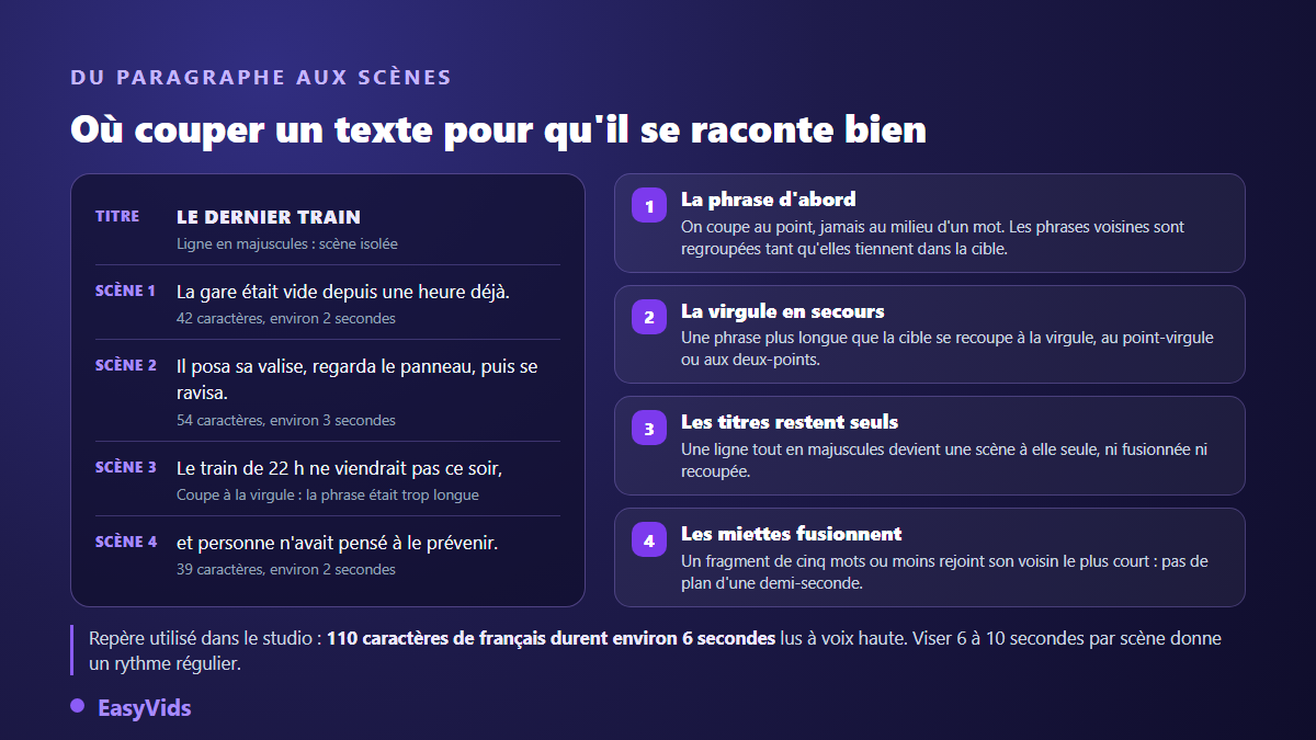 Découpage d'un texte en scènes pour une vidéo avec voix off : coupe à la phrase, recoupe à la virgule, titres isolés, fragments courts fusionnés