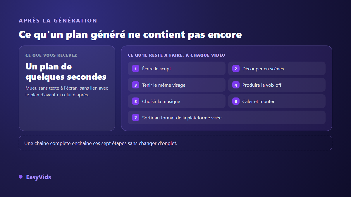 Ce qu'il reste à faire après un plan généré par une IA vidéo : script, scènes, voix off, musique, montage et format