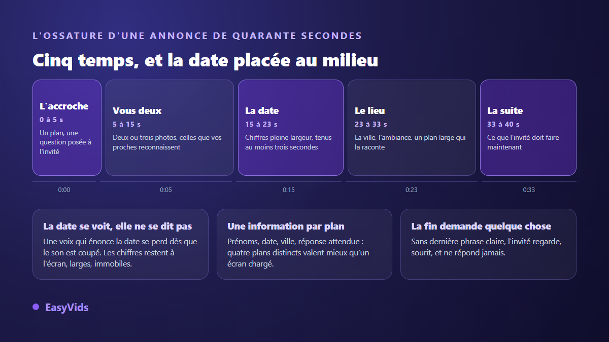 Trame d'un faire-part vidéo de mariage en cinq temps, avec la date placée au milieu de l'annonce et non à la fin