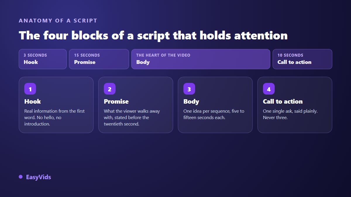 Anatomy of a video script in four blocks: hook, promise, body and call to action, with their respective durations