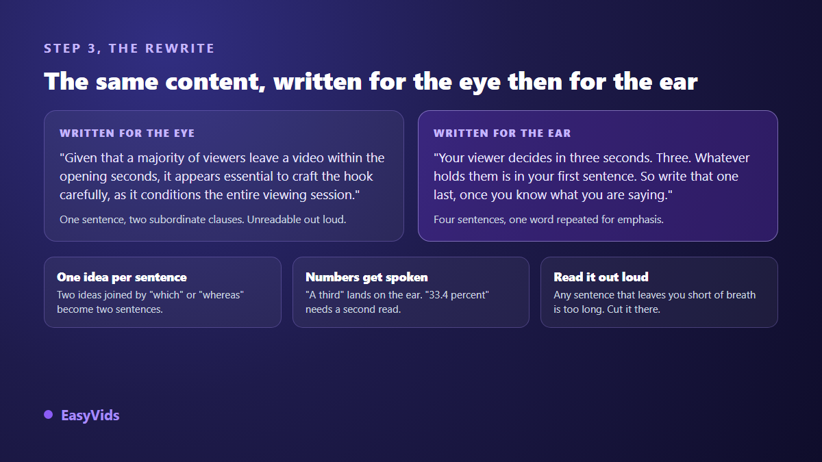 Before and after comparison of a paragraph written for the eye and the same content rewritten for a voice over