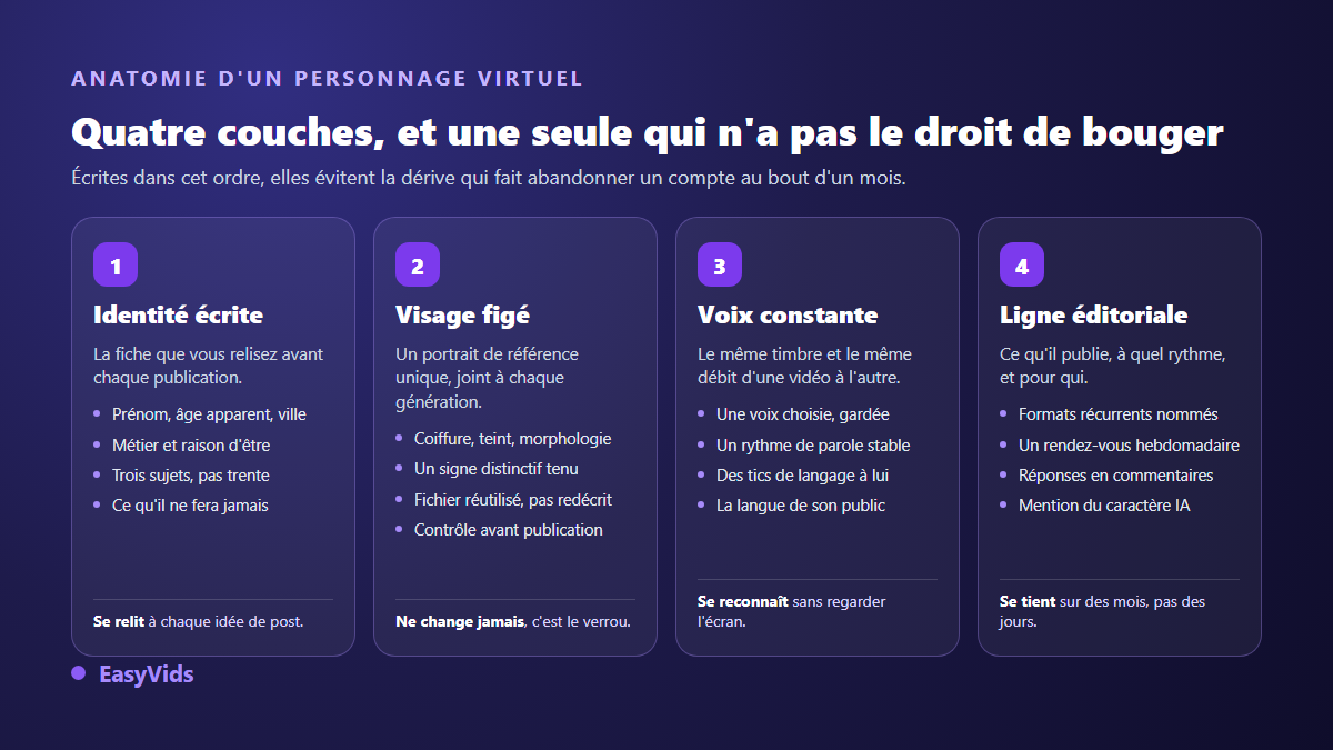 Les quatre couches d'un influenceur virtuel : identité écrite, visage figé, voix constante et ligne éditoriale