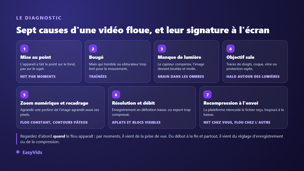 Les sept causes d'une vidéo floue et leur signature à l'écran : mise au point, bougé, manque de lumière, objectif sale, zoom numérique, résolution, recompression