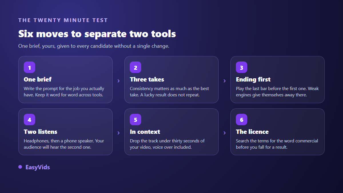 Six step listening method to compare two AI music generators with the same brief