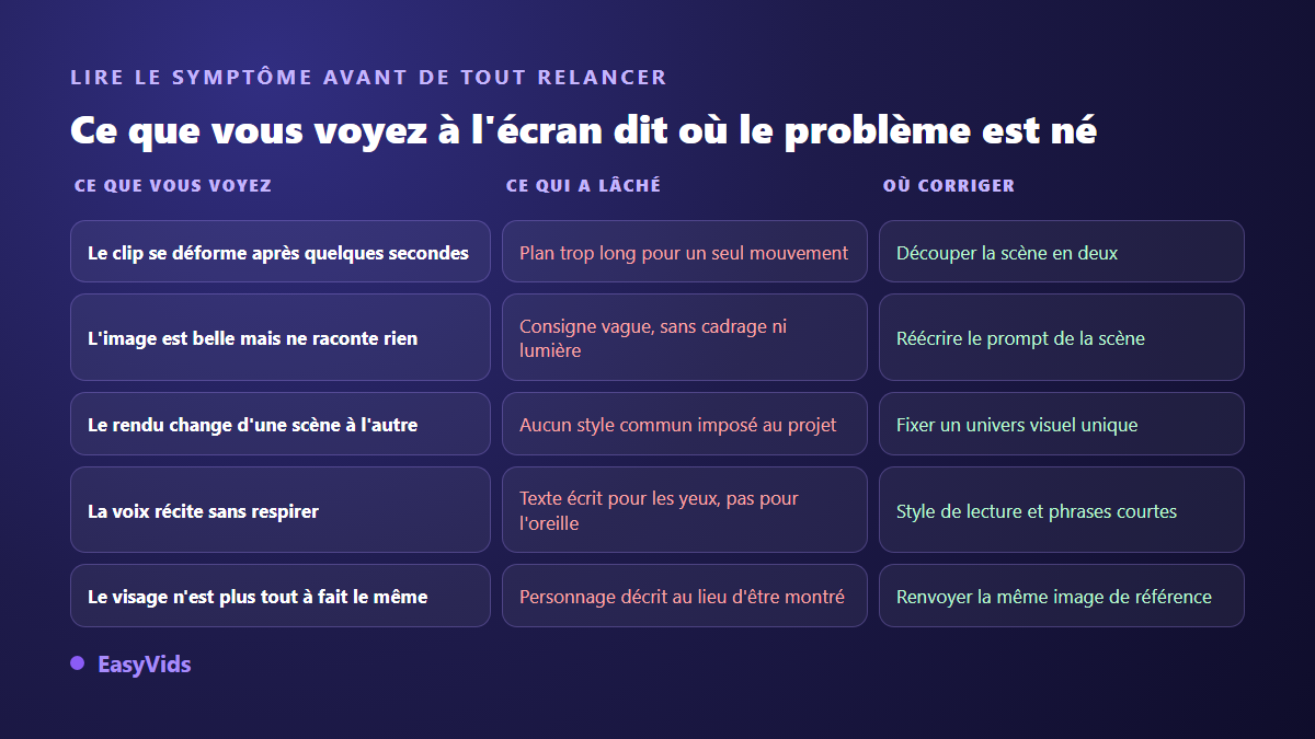 Tableau de diagnostic des vidéos IA ratées : symptôme visible, cause réelle et endroit où corriger