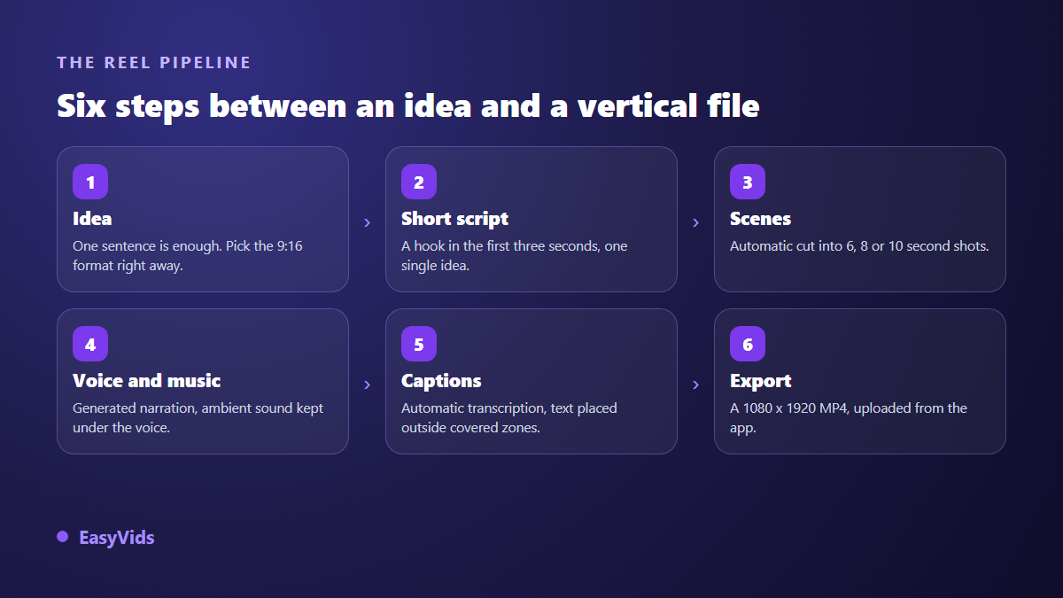 The six production steps of an AI Instagram reel, from idea to a 1080 x 1920 export