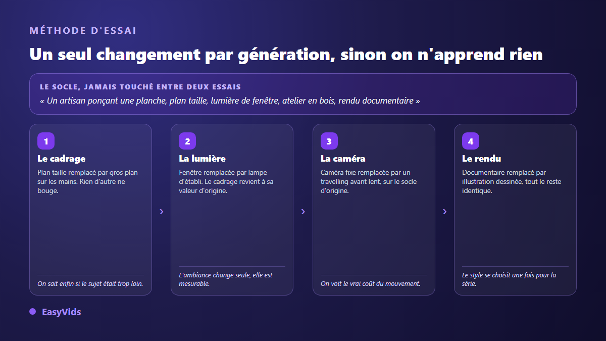 Méthode d'essai d'un prompt vidéo IA en changeant une seule variable par génération