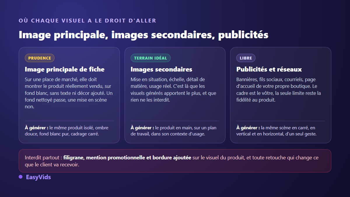 Où publier un visuel produit généré par IA : image principale de fiche, images secondaires, publicités et réseaux sociaux