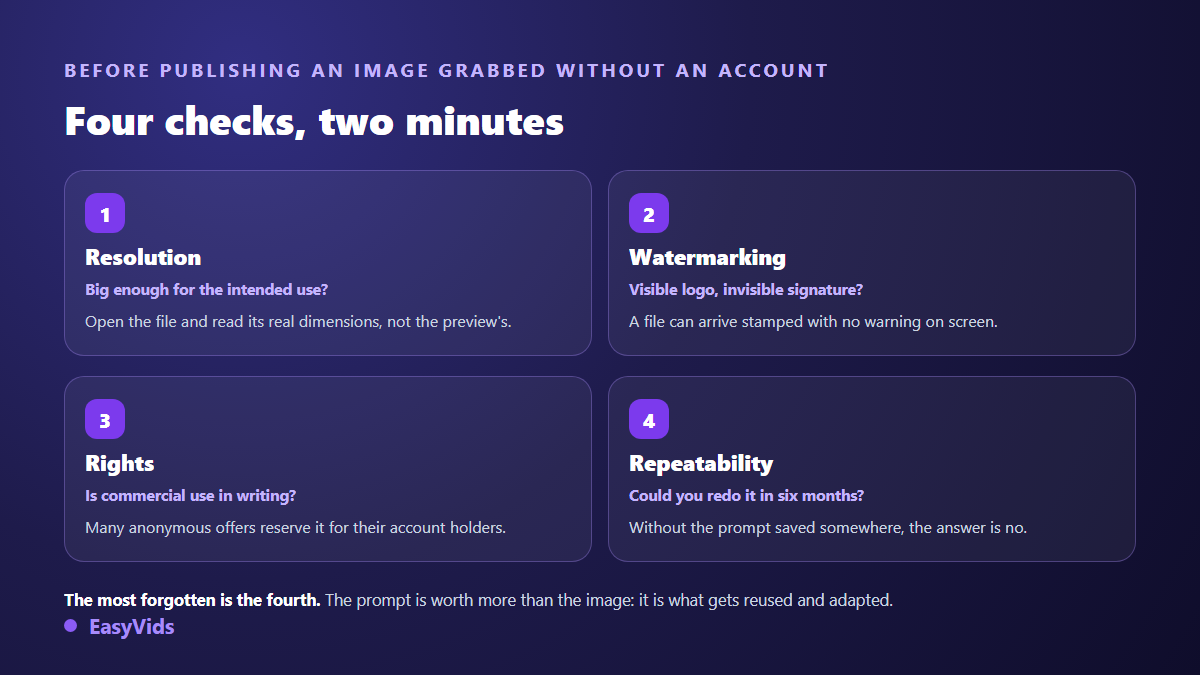 Four checks before publishing an AI image obtained without an account: resolution, marking, commercial rights and reproducibility