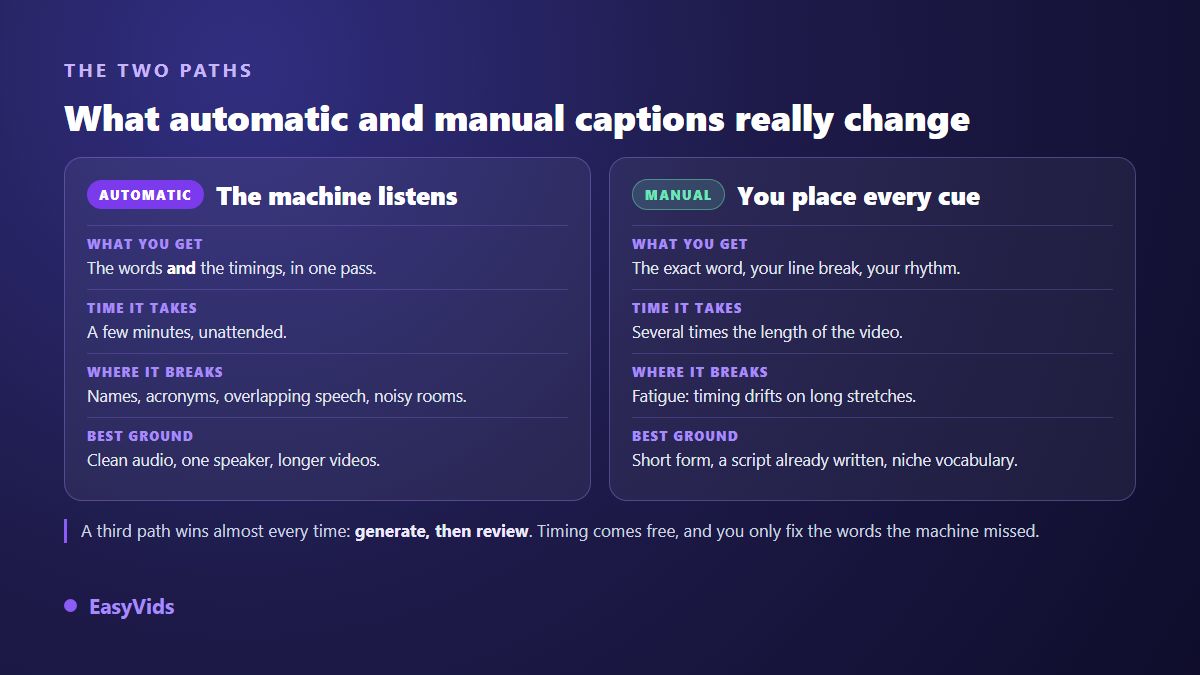 Automatic captions compared with manual captions: what you get, the time it takes, where each one breaks, and the best ground for each