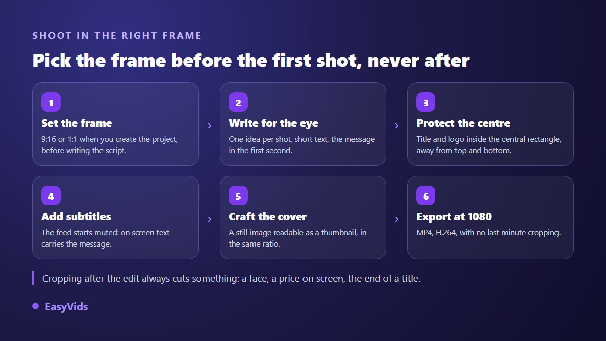 Six steps to produce a Pinterest video at the right frame: format, writing, safe zone, captions, cover, export