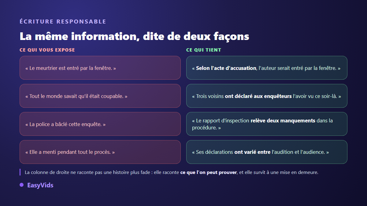 Comparaison entre formulations risquées et formulations sourcées pour un script de chaîne true crime