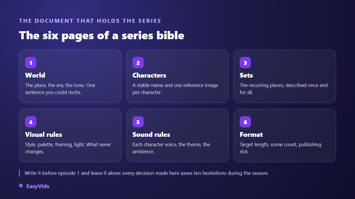 Anatomy of an AI show bible: world, recurring characters, sets, visual rules, audio rules and episode format