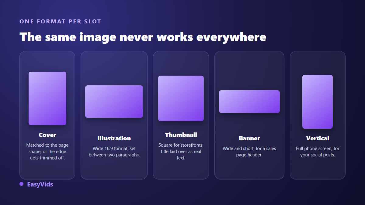 Ebook image formats: cover at page proportions, wide interior illustration, square thumbnail, banner and vertical visual