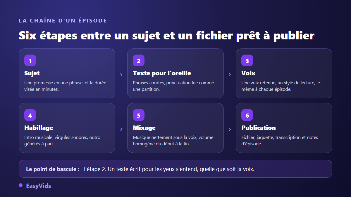 Les six étapes de production d'un épisode de podcast avec une voix IA : sujet, texte, voix, habillage, mixage, publication