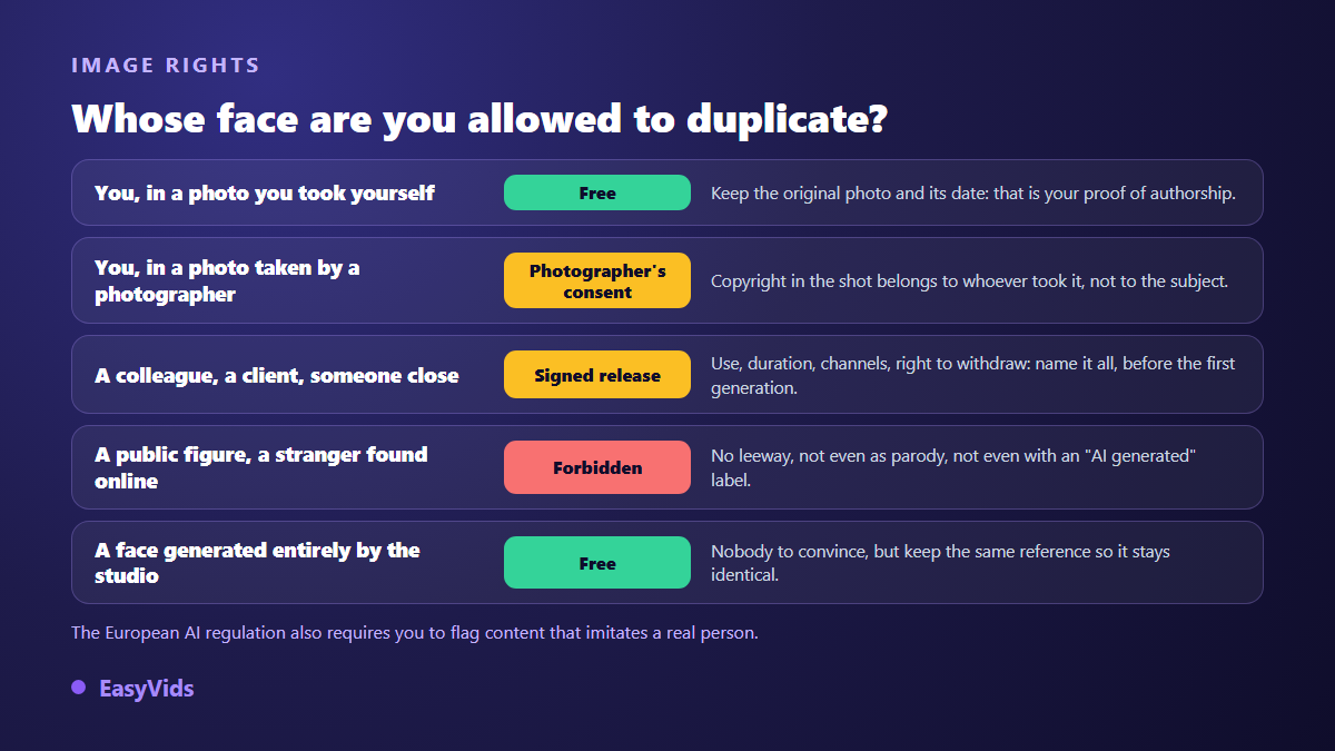 Likeness rights decision grid for an AI twin: your own photo, a photographer's shot, a colleague, a public figure, a generated face
