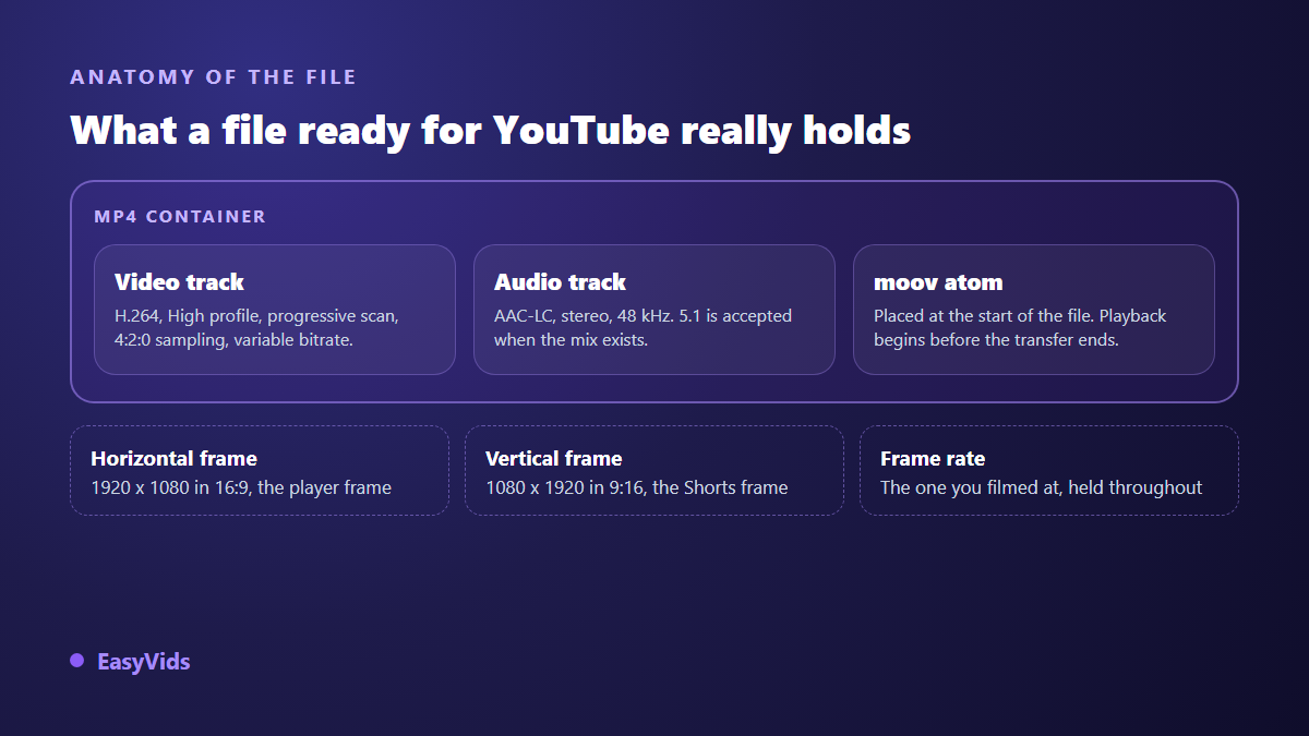Anatomy of a video file ready for YouTube: MP4 container, H.264 video track, AAC audio track and moov atom placed at the front