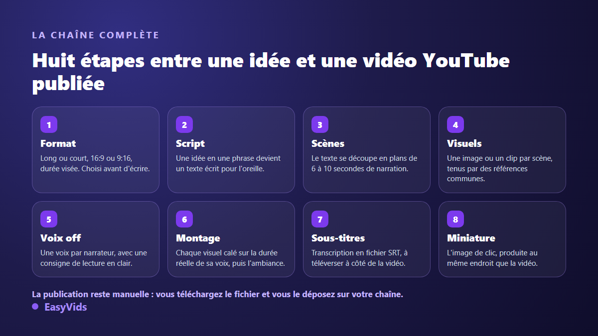 Les huit étapes pour créer une vidéo YouTube avec l'IA : format, script, scènes, visuels, voix off, montage, sous-titres et miniature