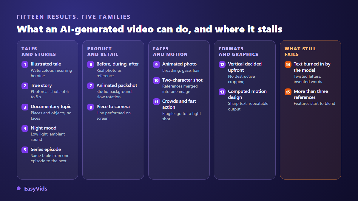 Fifteen AI generated video examples sorted into five families: stories, product, faces, formats and limits