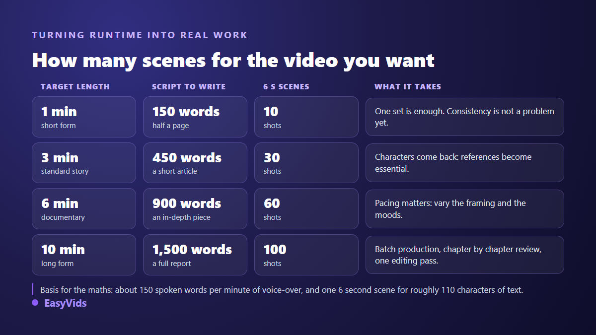 Table converting a target AI video duration into script word count and number of scenes to produce