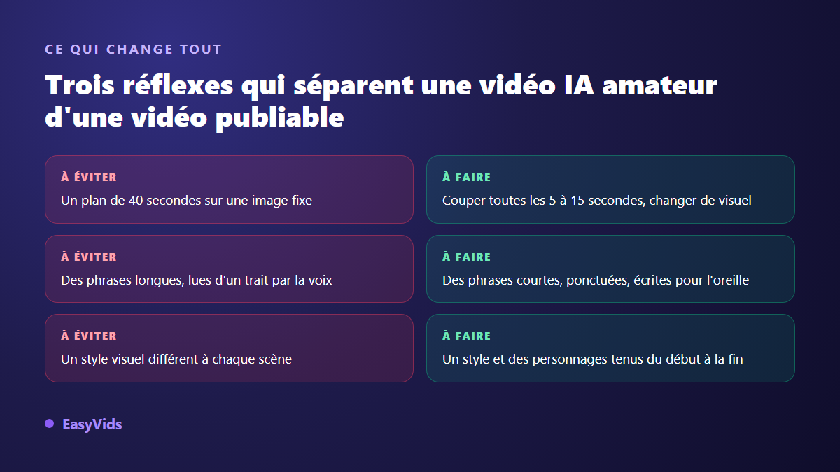Comparaison des erreurs fréquentes en vidéo IA et des bons réflexes correspondants