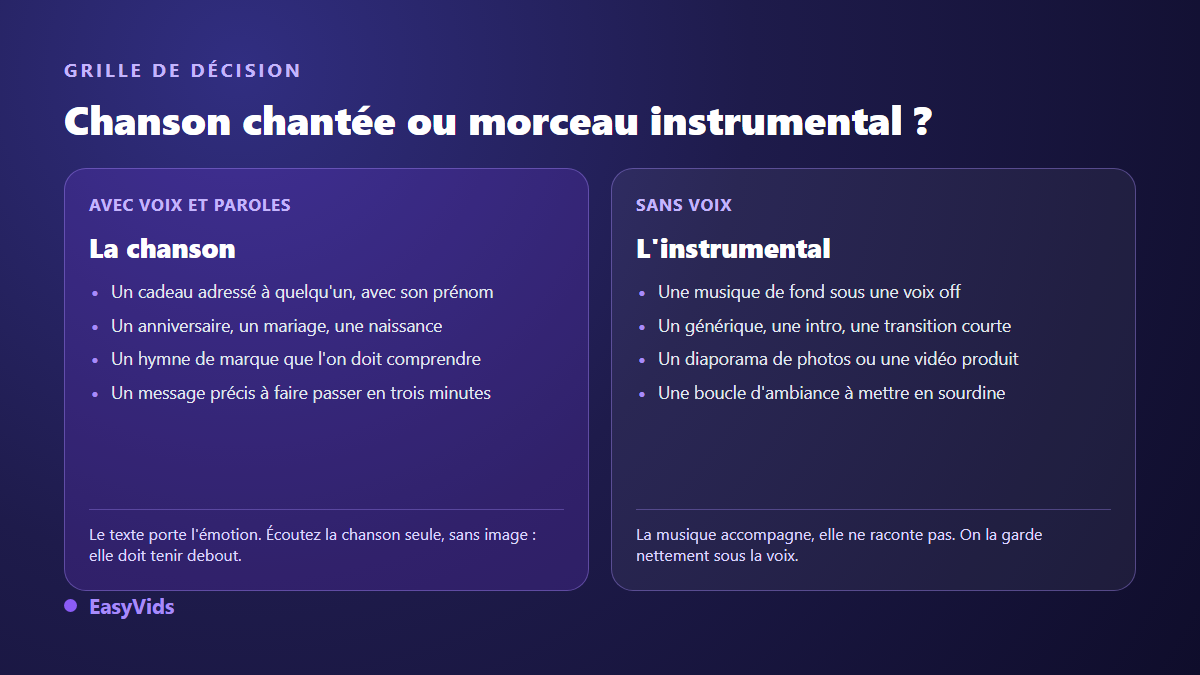 Grille de décision entre une chanson chantée avec paroles et un morceau instrumental sans voix
