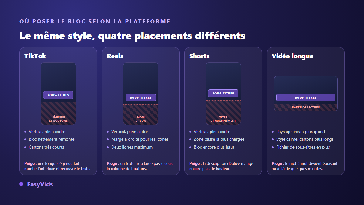 Placement des sous-titres animés sur TikTok, Reels, Shorts et vidéo longue selon la zone occupée par l'interface