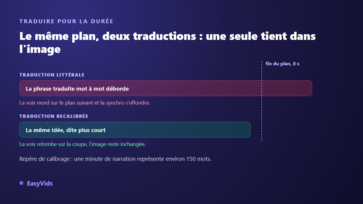 Comparaison entre une traduction littérale qui déborde du plan et une traduction recalibrée sur la durée en doublage IA