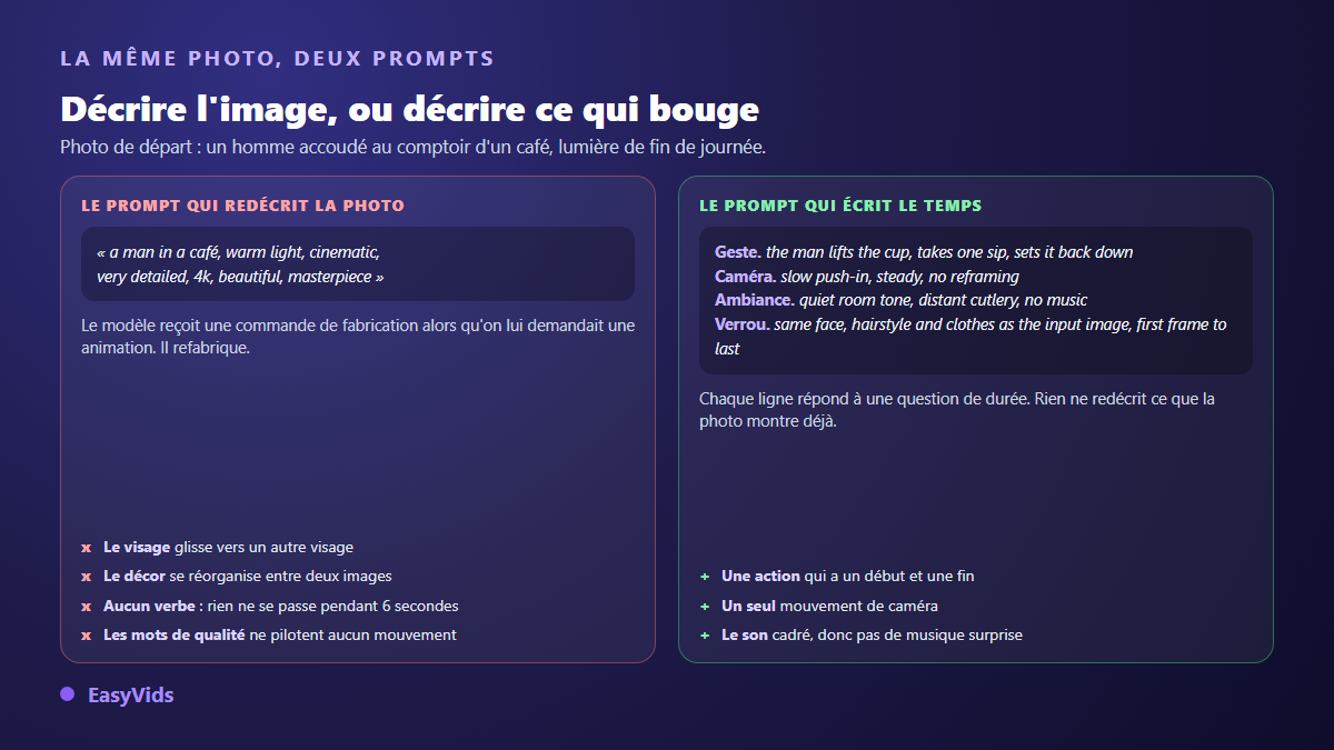 Comparaison entre un prompt qui redécrit la photo et un prompt image en vidéo qui décrit le mouvement