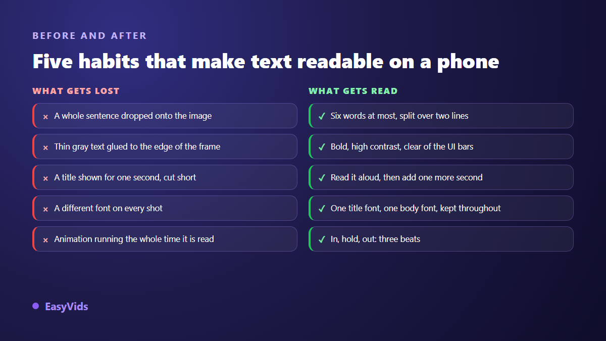 Five on screen text mistakes compared with the habits that keep a video readable on mobile