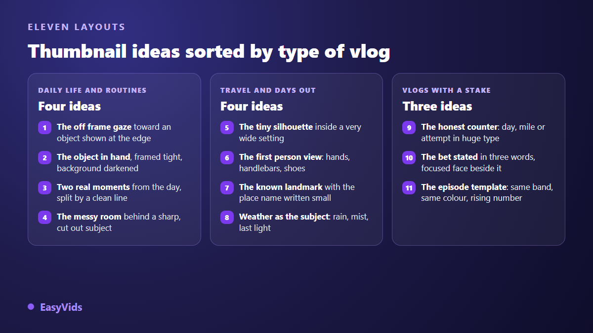 Eleven vlog thumbnail ideas sorted by video type: everyday, travel and challenge vlogs