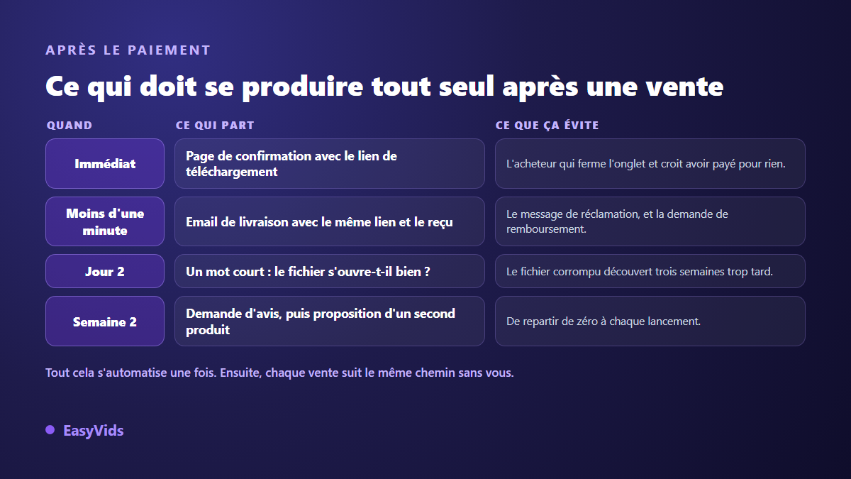 Ce qui doit partir automatiquement après le paiement d'un produit numérique : page de confirmation, email de livraison, suivi et demande d'avis