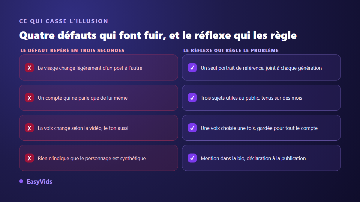 Comparaison des défauts qui cassent l'illusion d'un influenceur virtuel et des réflexes qui les corrigent