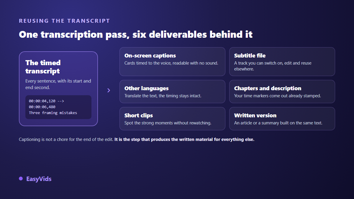 A timed transcript feeding on screen captions, a caption file, translation, chapters, short clips and a written version