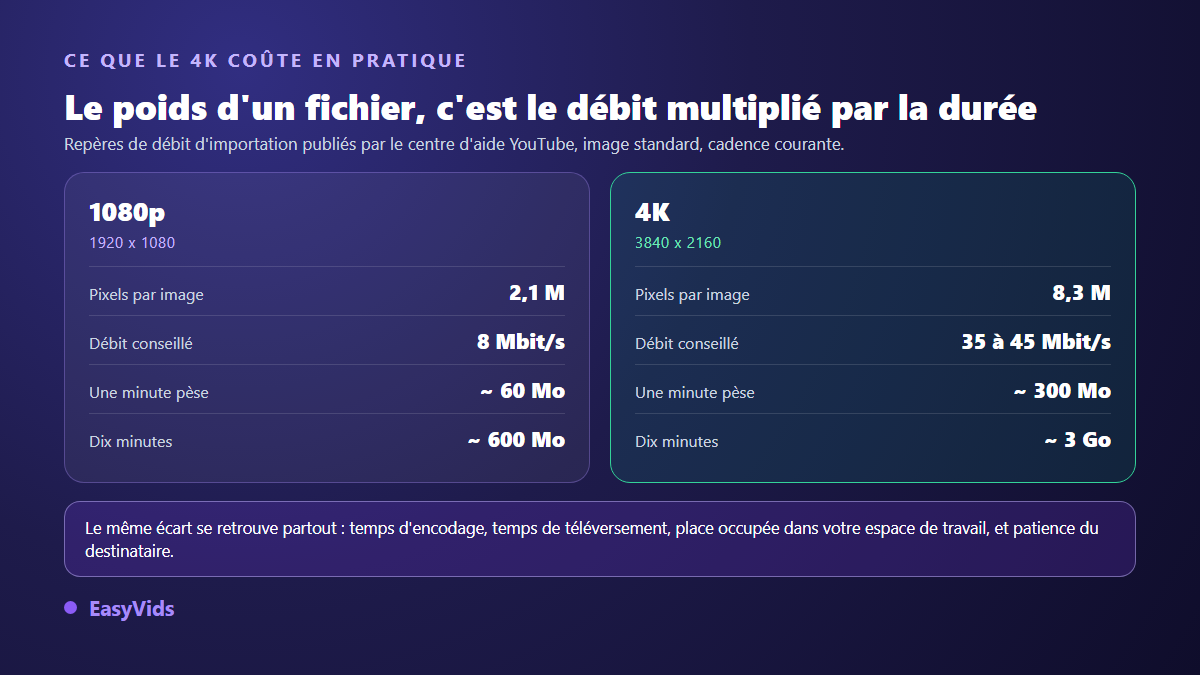 Comparaison du poids d'une vidéo 1080p et d'une vidéo 4K : pixels par image, débit conseillé et poids par minute