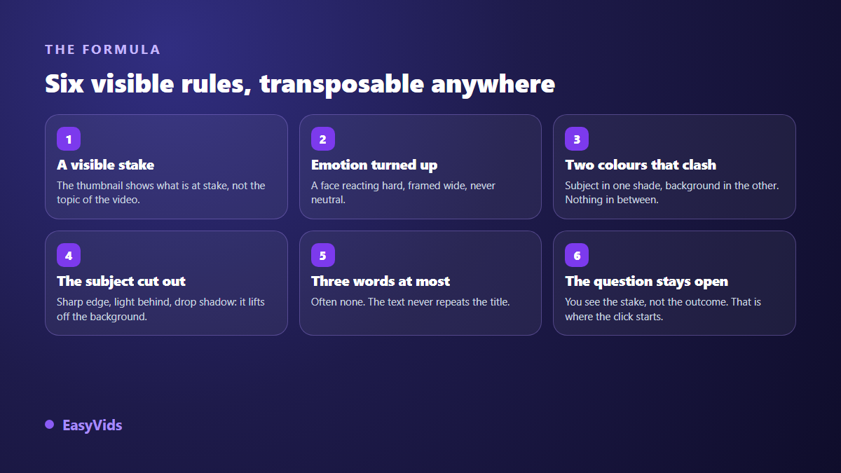 The six rules of a viral YouTube thumbnail: visible stake, pushed emotion, opposing colours, cut out subject, very short text, open question