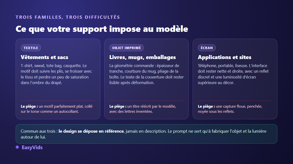 Les trois familles de mockup IA : textile, objet imprimé et écran, avec la difficulté propre à chacune