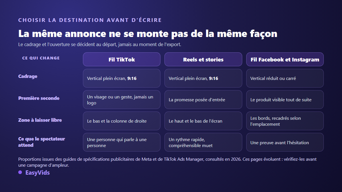 Comparaison des cadrages, des ouvertures et des zones libres d'une publicité vidéo selon la plateforme visée