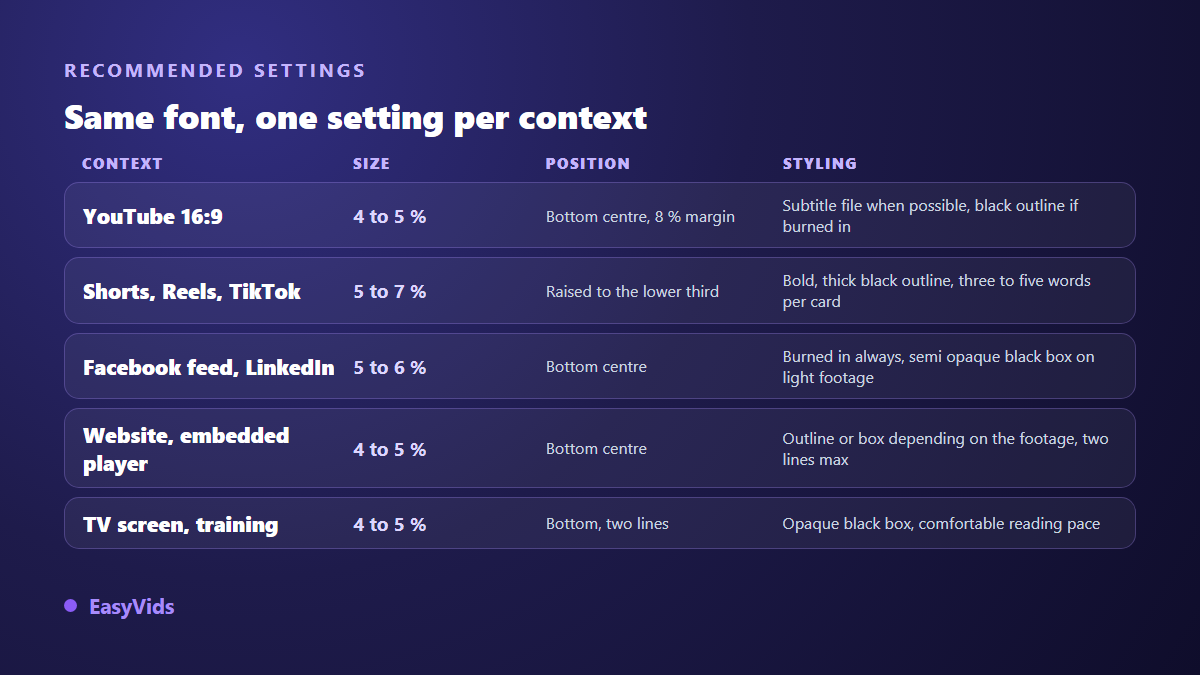 Recommended caption settings per platform: size, position and treatment for YouTube, vertical formats and television