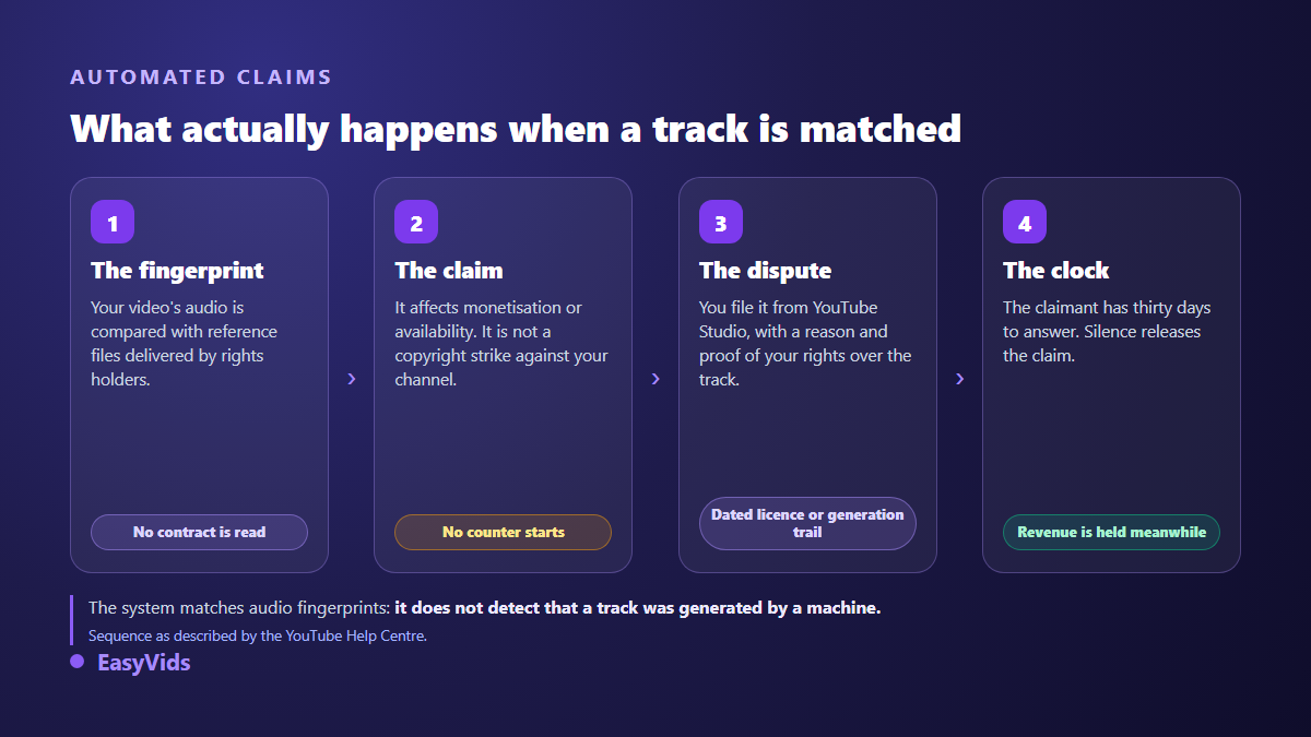The Content ID claim chain on a background track: fingerprint, claim, dispute and the thirty day window
