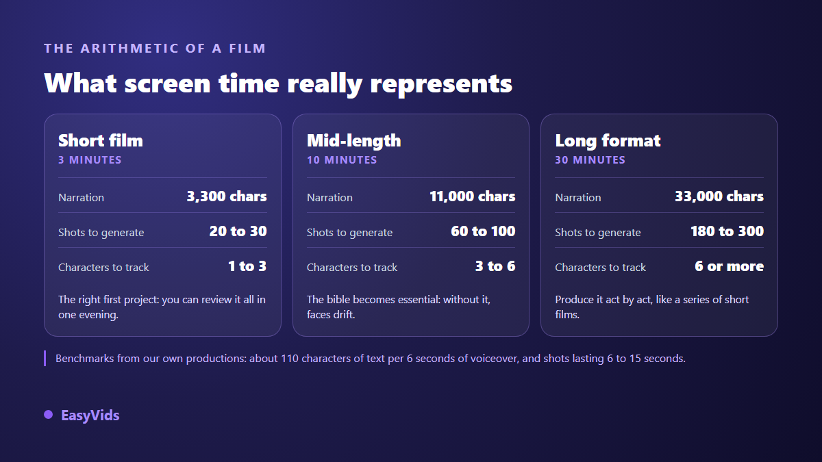 Number of shots and narration volume for an AI film of 3, 10 or 30 minutes