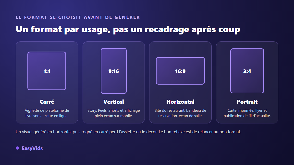 Quel format d'image choisir pour une photo de plat : carré pour la livraison, vertical pour les stories, horizontal pour le site, portrait pour la carte imprimée