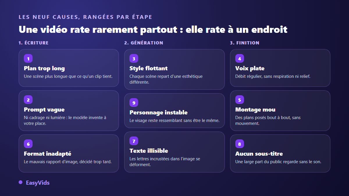 Les neuf causes d'une vidéo IA ratée classées par étape : écriture, génération et finition