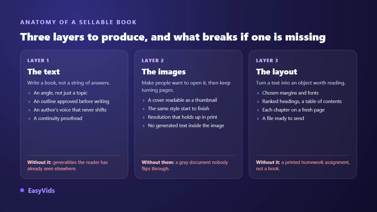 The three layers of a sellable ebook: text, illustrations and layout, and what breaks when one is missing