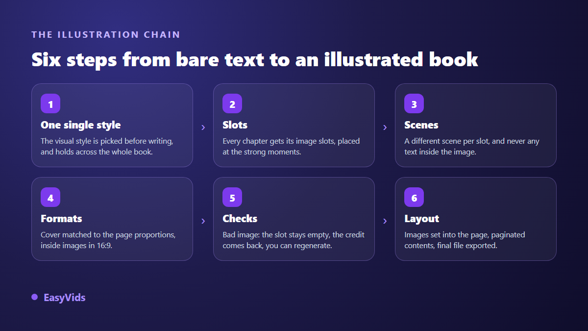 The six steps of an AI illustrated ebook: single style, slots, scenes, formats, failure handling, composition