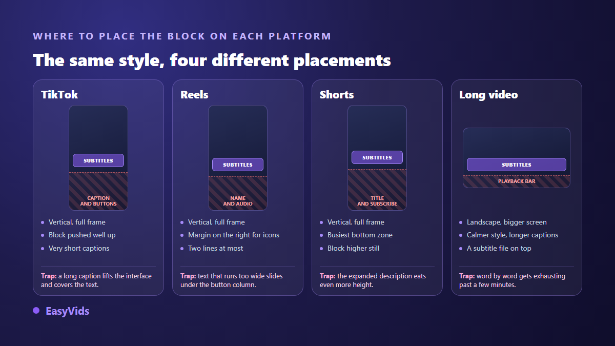 Caption placement on TikTok, Reels, Shorts and long form video depending on the zone the interface occupies