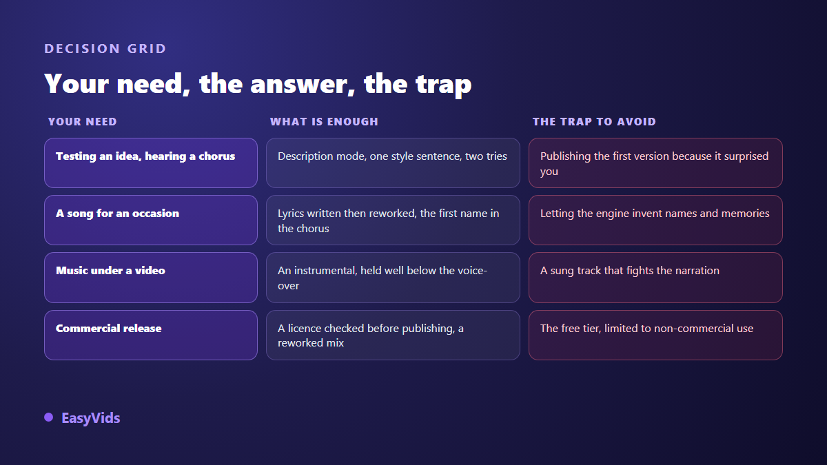 Decision grid between an AI song generator and a complete studio depending on the creator's real need