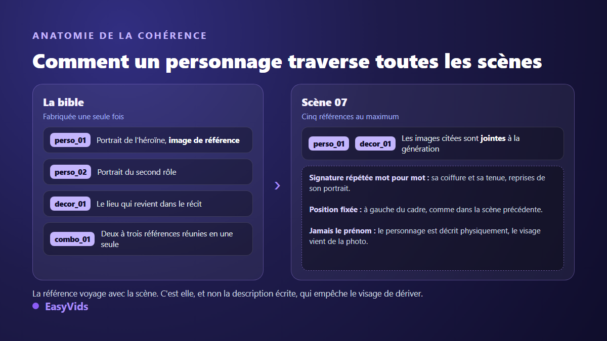 Anatomie de la cohérence des personnages en vidéo IA : la bible fournit des images de référence que chaque scène cite par identifiant